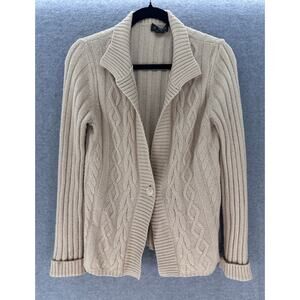 VTG Eddie Bauer Women's sz M Cotton Laine Wool Cream Chunky Knit Cardigan Y2K